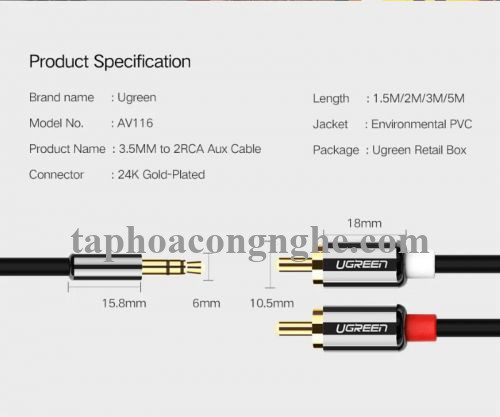 Ugreen 20779 0.5M màu Đen Cáp âm thanh 2 đầu Bông sen sang 3.5mm Dương mạ vàng AV116 30020779
